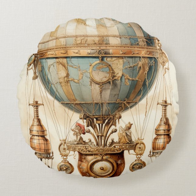  Steampunk Blauwe Hete Luchtballon (3) Rond Kussen (Voorkant)