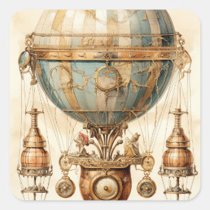 Steampunk Blauwe Hete Luchtballon (3) Vierkante Sticker