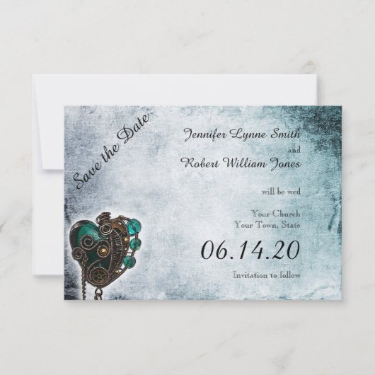 Steampunk Blauwgroen Hart Bruiloft Save the Date (Voorkant)