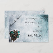 Steampunk Blauwgroen Hart Bruiloft Save the Date (Voorkant / Achterkant)