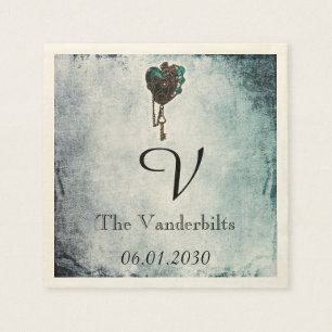Steampunk Blauwgroen hart Monogram bruiloft servet