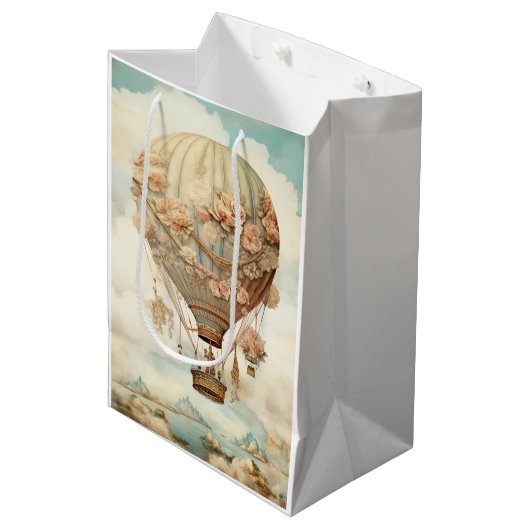  Steampunk Bloemen Blauwe Hete Luchtballon (2) Medium Cadeauzakje (Voorkant Gekanteld)