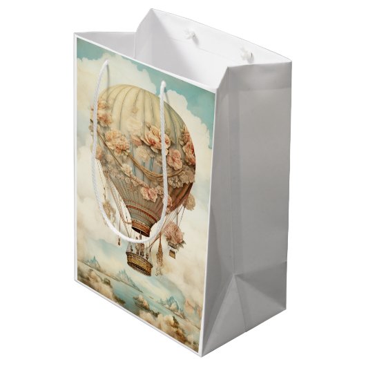  Steampunk Bloemen Blauwe Hete Luchtballon (2) Medium Cadeauzakje (Achterkant Gekanteld)