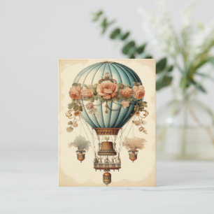 Steampunk Bloemen Blauwe Hete Luchtballon Briefkaart