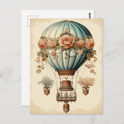  Steampunk Bloemen Blauwe Hete Luchtballon Briefkaart (Voorkant / Achterkant)