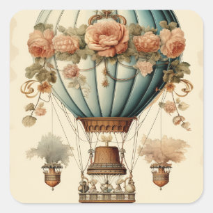  Steampunk Bloemen Blauwe Hete Luchtballon Vierkante Sticker