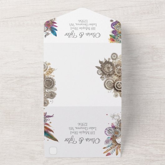 Steampunk, Bloemen en Veren Bruiloft All In One Uitnodiging (Buitenkant)