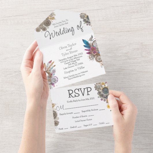Steampunk, Bloemen en Veren Bruiloft All In One Uitnodiging (Afscheurbaar)