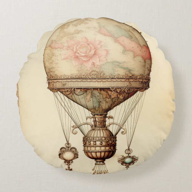  Steampunk Bloemen Hete Luchtballon Rond Kussen (Voorkant)