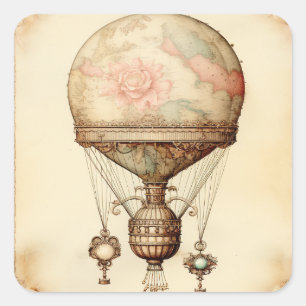 Steampunk Bloemen Hete Luchtballon Vierkante Sticker