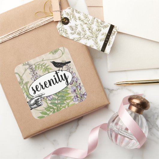 Steampunk Bloemen Zwarte Vogel Schuur Hout Graan Vierkante Sticker (Geschenken)