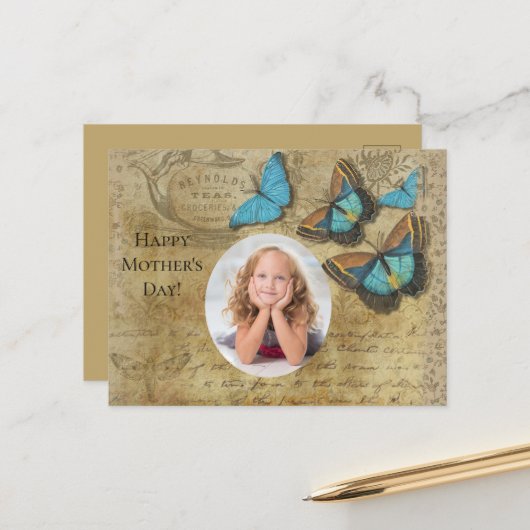 Steampunk Blue Butterflies op het perkament Briefkaart (Voorkant / Achterkant in situ)