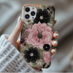  Steampunk Boho Roze & Zwarte Bloemen iPhone 16 Pro Max Hoesje
