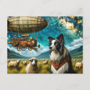 Steampunk Border Collie Met Schaap en Blimp Briefkaart