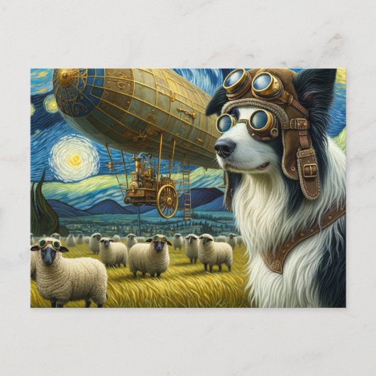 Steampunk Border Collie Met Schapen Briefkaart (Voorkant)