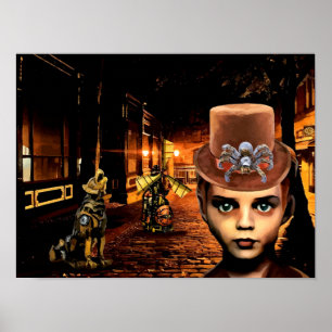 Steampunk Boy en Robot Dog Original Scifi fantasy Poster