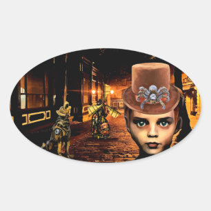 Steampunk Boy en Robot Dog Sci Fi fantasiekunst Ovale Sticker