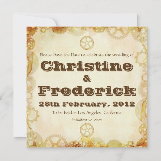 Steampunk Bruiloft, save the date aankondiging (Voorkant)