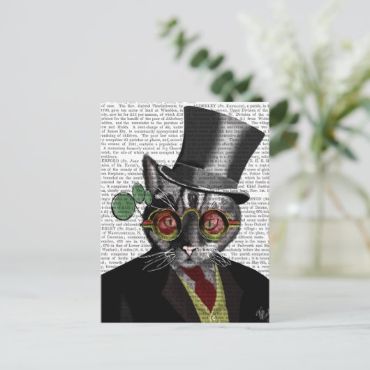 Steampunk Cat - Bovenste hoed en rode gele glazen Briefkaart (Staand voorkant)