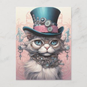 Steampunk Cat in Blue Tophat Briefkaart