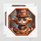 Steampunk Cat Soldier In 8 Sided Bronze Frame Kaart (Voorkant / Achterkant)