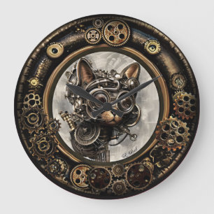 Steampunk Cat Wearing Goggles - WALL CLOCK Grote Klok