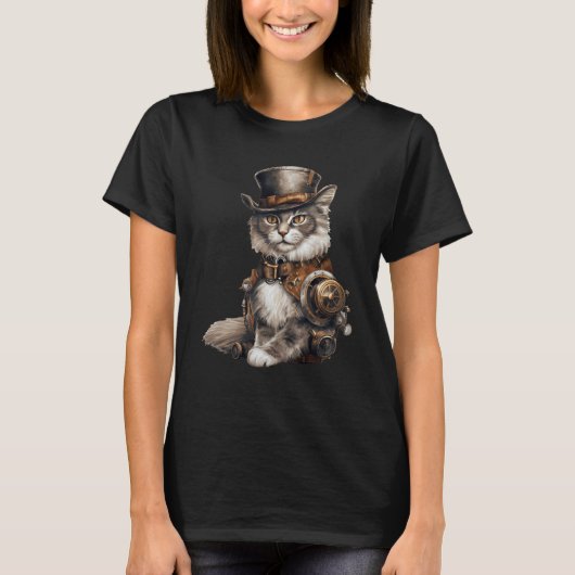 Steampunk Cat With Hat Graphic Design Cat  Fantasy T-shirt (Voorkant)
