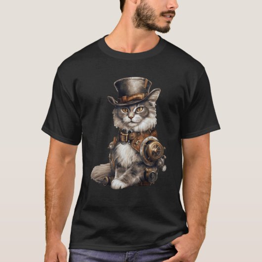 Steampunk Cat With Hat Graphic Design Cat  Fantasy T-shirt (Voorkant)