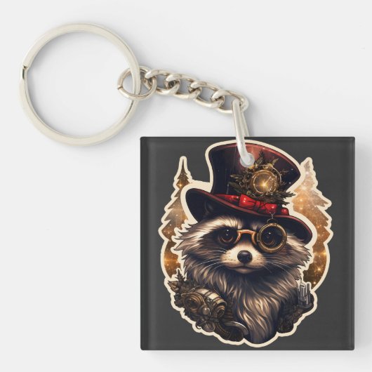 Steampunk Christmas Raccoon Sleutelhanger (voorkant)