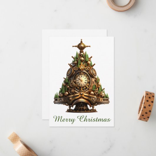 Steampunk Christmas Tree Wenskaart Notitiekaartje (Voorkant / Achterkant in situ)