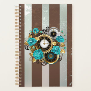 Steampunk Clock and Turquoise Roses on Striped