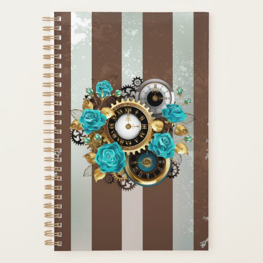 Steampunk Clock and Turquoise Roses on Striped (Devant)