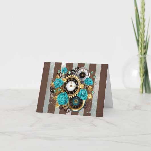 Steampunk Clock and Turquoise Roses on Striped (Devant)