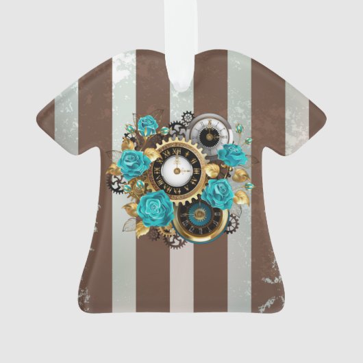 Steampunk Clock and Turquoise Roses on Striped (dos)