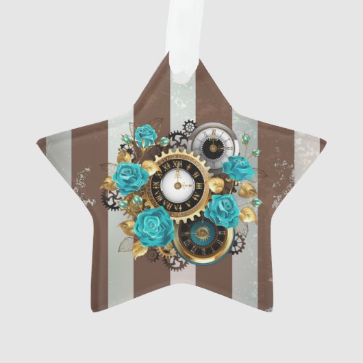 Steampunk Clock and Turquoise Roses on Striped (dos)