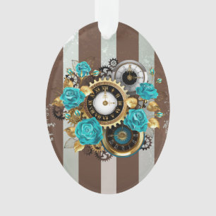 Steampunk Clock and Turquoise Roses on Striped