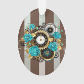 Steampunk Clock and Turquoise Roses on Striped (dos)