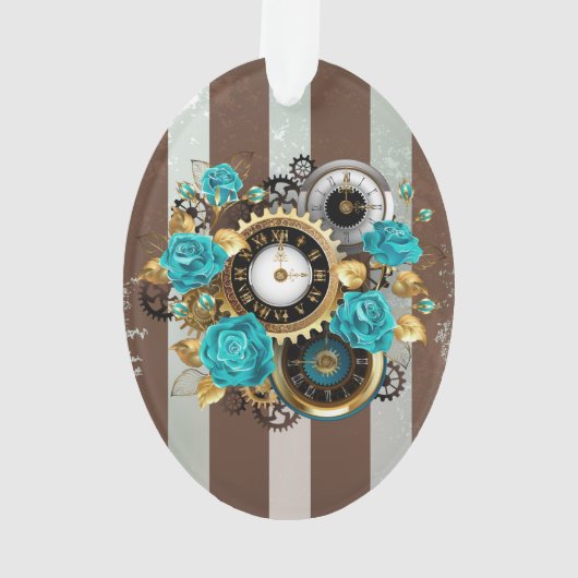 Steampunk Clock and Turquoise Roses on Striped (dos)
