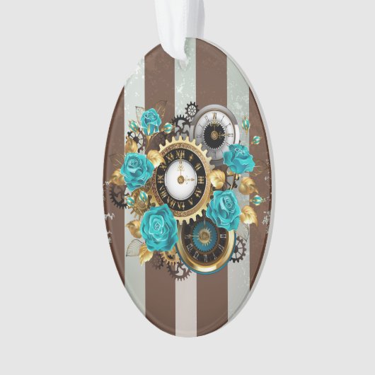 Steampunk Clock and Turquoise Roses on Striped (devant)