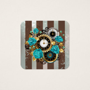 Steampunk Clock and Turquoise Roses on Striped
