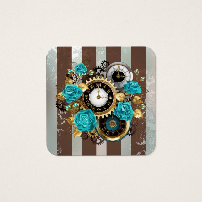 Steampunk Clock and Turquoise Roses on Striped (Devant)