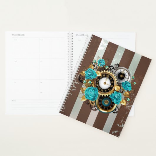 Steampunk Clock and Turquoise Roses on Striped (Devant avec enveloppe)