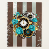 Steampunk Clock and Turquoise Roses on Striped (Devant)