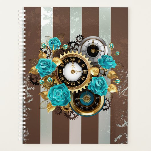 Steampunk Clock and Turquoise Roses on Striped (Devant)
