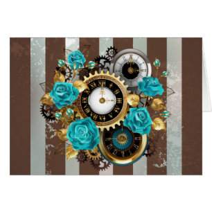 Steampunk Clock and Turquoise Roses on Striped