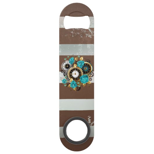 Steampunk Clock and Turquoise Roses on Striped (Dos)