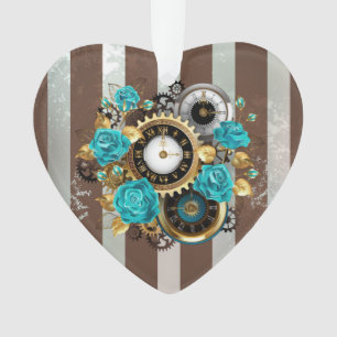 Steampunk Clock and Turquoise Roses on Striped