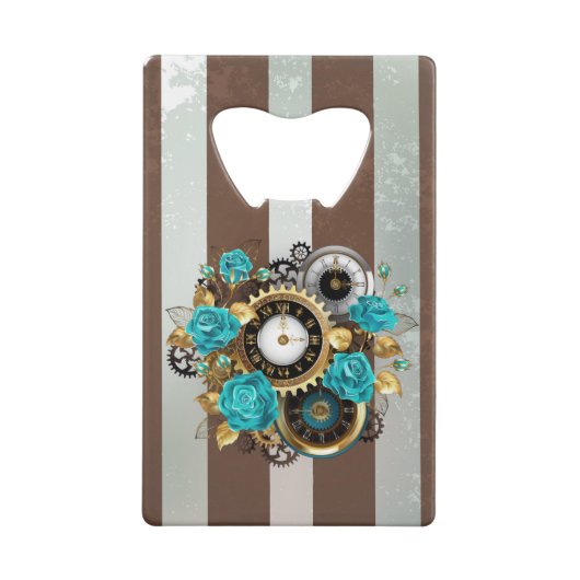 Steampunk Clock and Turquoise Roses on Striped (Dos)