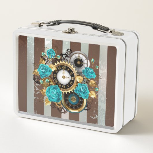 Steampunk Clock- en Turquoise-Rozen op gestreept (Voorkant)