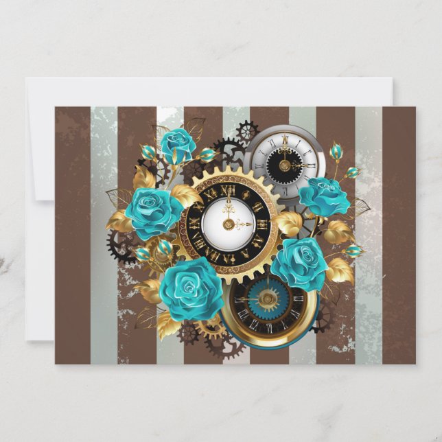 Steampunk Clock- en Turquoise-Rozen op gestreept (Voorkant)